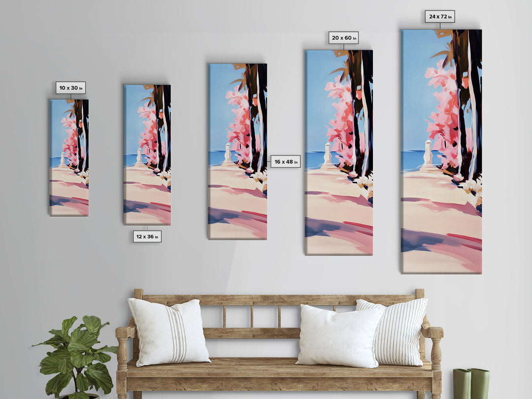 Coastal Walk, Pink Blossom, Vibrant Tree Art, Canvas Print, Beach Pathway, Spring Landscape, Serene Wall Art, Living Room Decor