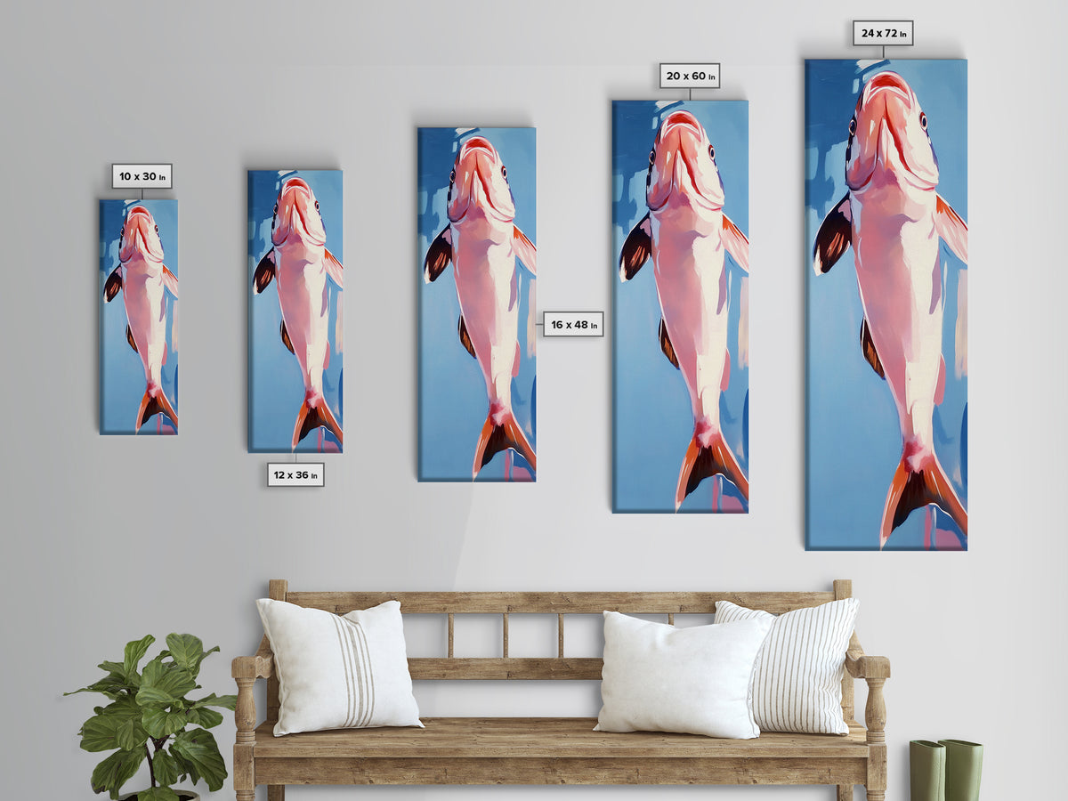Abstract Fish, Coastal Art, Ocean Life Painting, Framed Canvas Print, Minimalist Marine Decor, Blue and Pink Aesthetic, Beach House Art