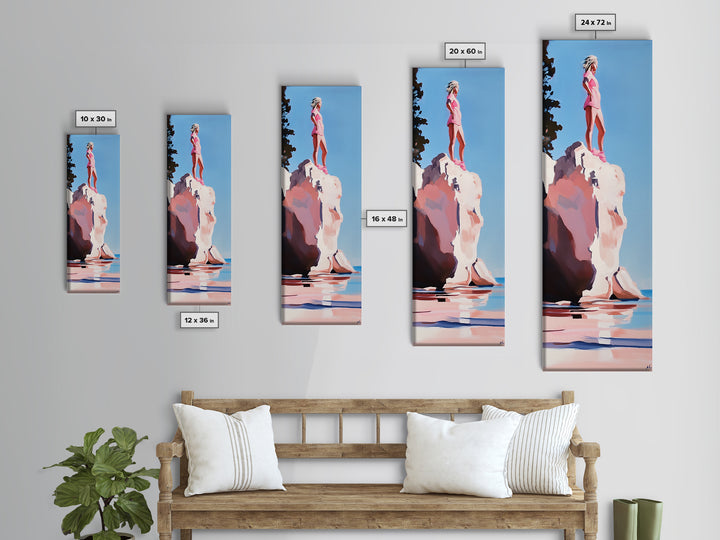 Coastal Adventure, Pink and Blue Art, Minimalist Beach Scene, Modern Landscape, Travel Inspiration, Contemporary Framed Canvas Print