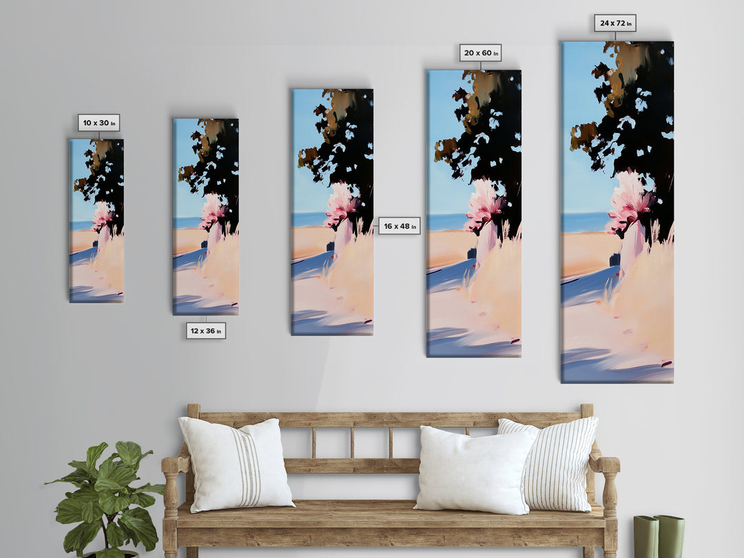 Coastal Serenity, Sunlit Landscape Art, Beachside Tranquility, Nature Inspired, Peaceful Horizon, Warm Aesthetic, Living Room Canvas Print