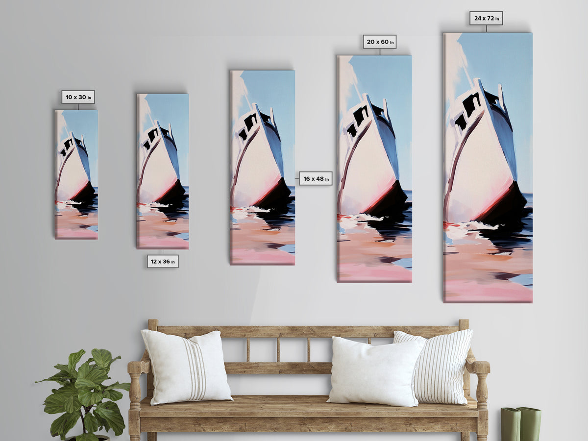 Ocean Boat, Seascape, Nautical, Modern Art, Coastal Wall Decor, Beach House, Minimalist, Blue, White, Framed Canvas Print