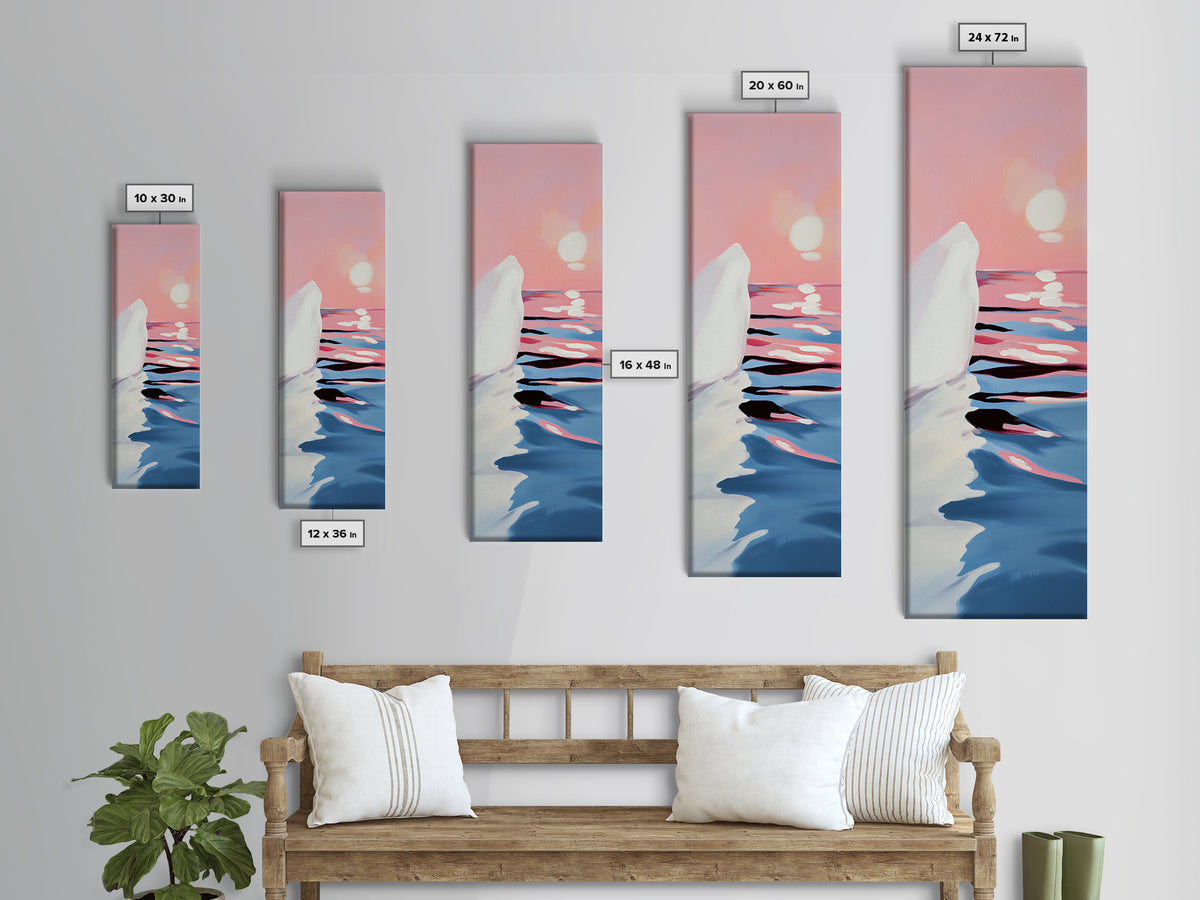 Sunset Iceberg, Arctic Landscape, Dreamy Ocean Art, Contemporary Painting, Pink Blue Decor, Bedroom Framed Canvas Print, Minimal Wall Art