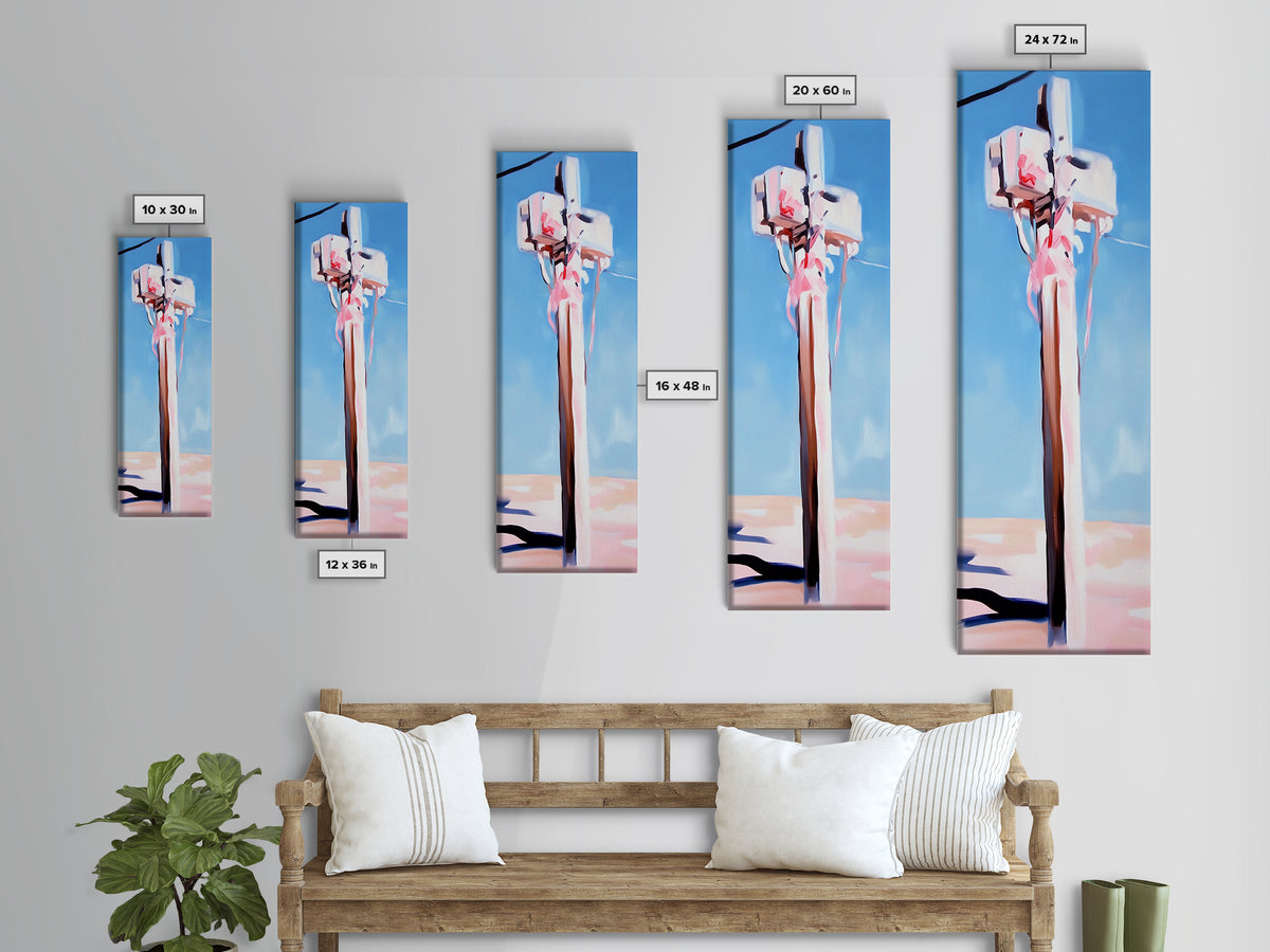 Coastal Utility Pole, Minimalist Beach Art, Soft Pastel Aesthetic, Sky Blue Landscape, Modern Wall Decor, Framed Canvas Print, Ocean Vibes