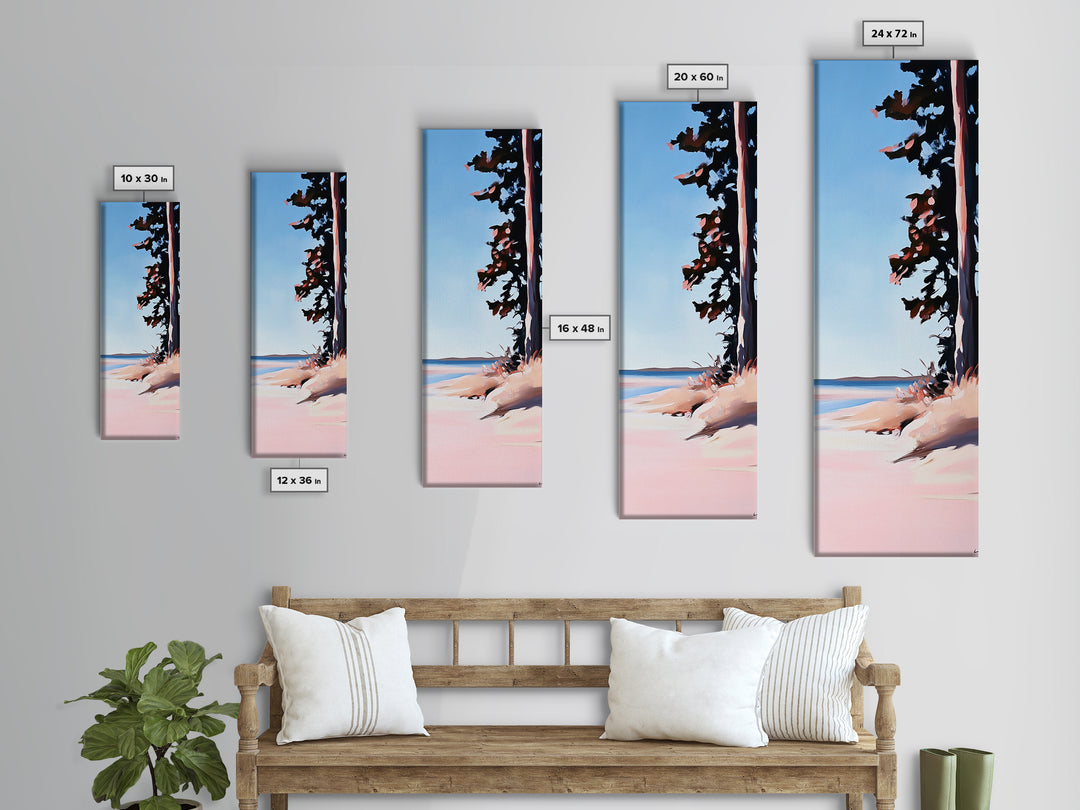 Coastal Serenity, Beach Tree Shadows, Minimalist Nature Scene, Soft Pink Blue Landscape, Tranquil Home Art, Framed Canvas Print, Ocean Escape