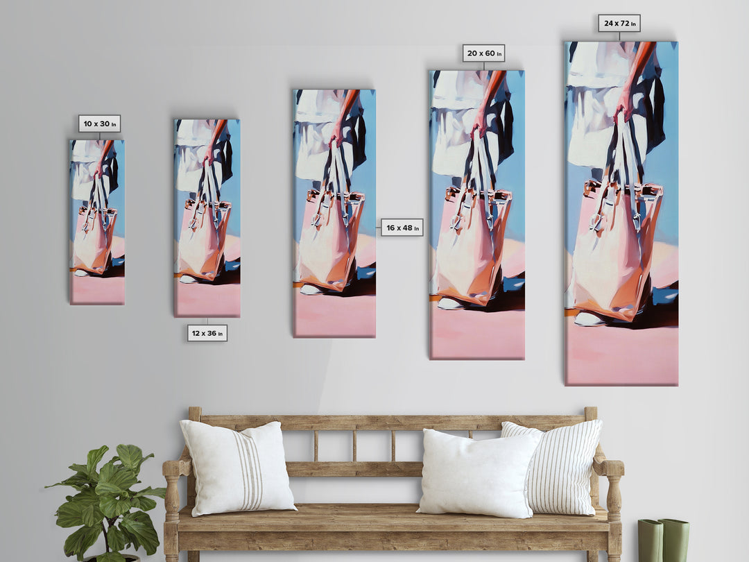 Chic Tote Bag, Fashion Illustration, Feminine Art, Pastel Minimalist Art, Modern Wall Decor, Stylish Bedroom, Framed Canvas Print