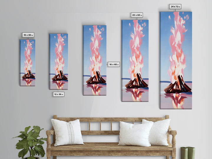 Campfire Glow, rustic cabin art, warm autumn decor, boho landscape, firelight painting, cozy home art, framed canvas print