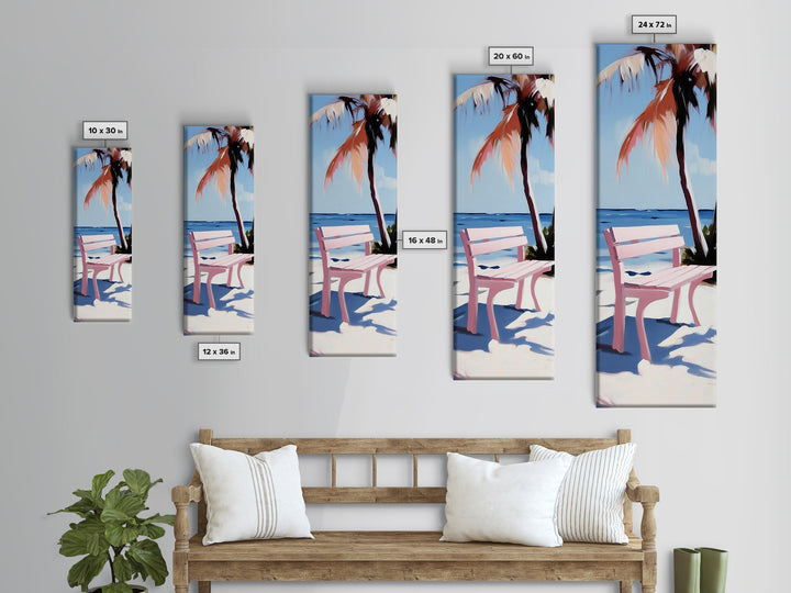 Beach Bench, Palm Tree, Ocean View, Framed Canvas Print, Coastal Wall Art, Tropical Decor, Boho Beach Art, Living Room Wall Art