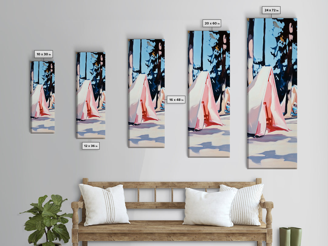 Boho Tent Camping, nature-inspired decor, adventure lover’s painting, rustic summer escape, whimsical outdoor scene, framed canvas print