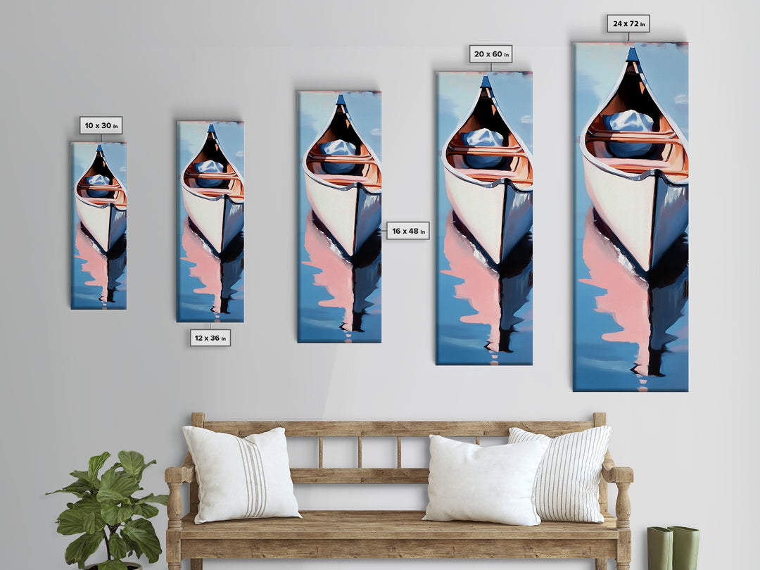 Canoe on Water, peaceful lake scene, wilderness art, adventure painting, modern minimalism, nature lover’s decor, framed canvas print