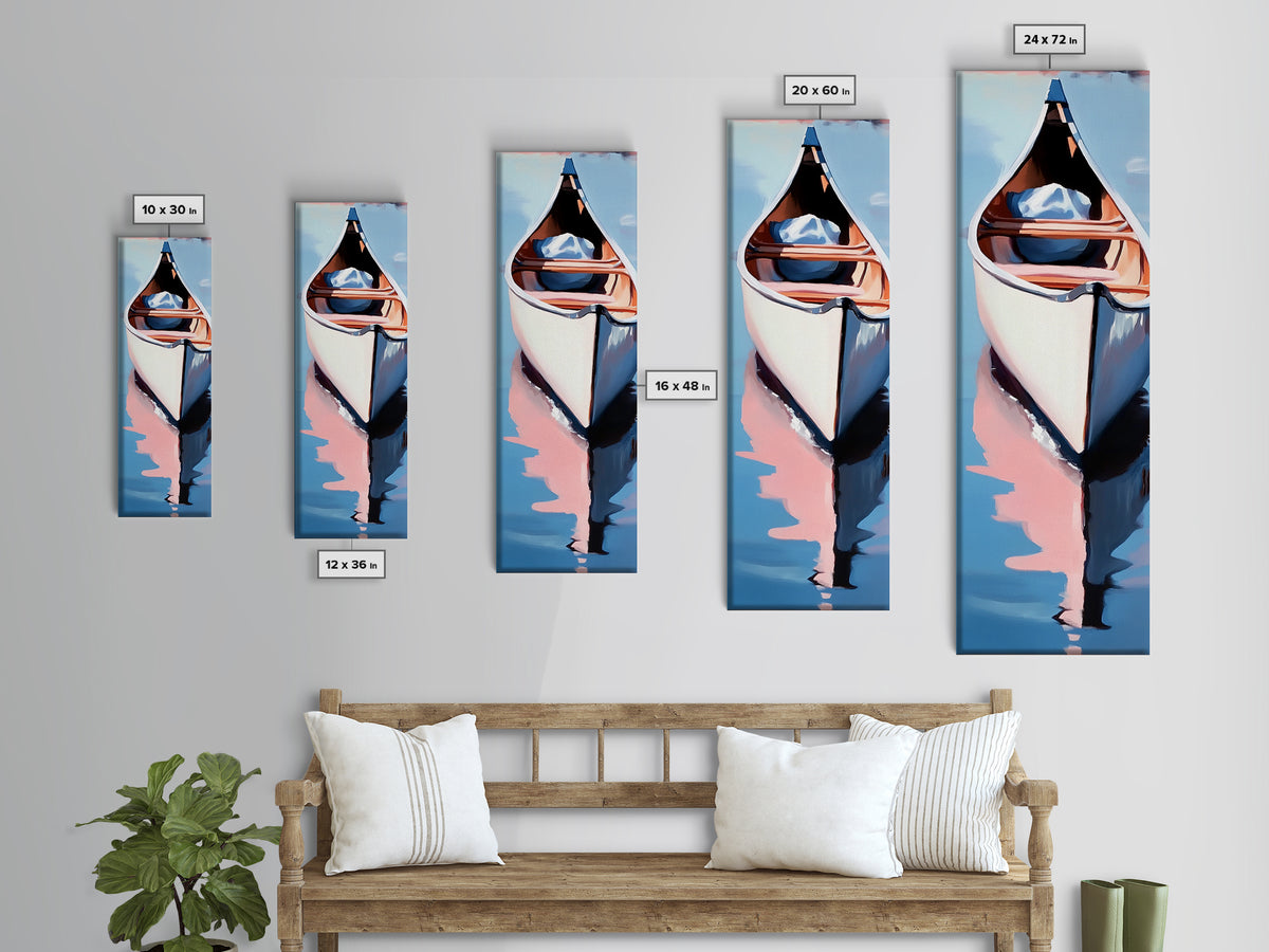 Canoe on Water, peaceful lake scene, wilderness art, adventure painting, modern minimalism, nature lover’s decor, framed canvas print