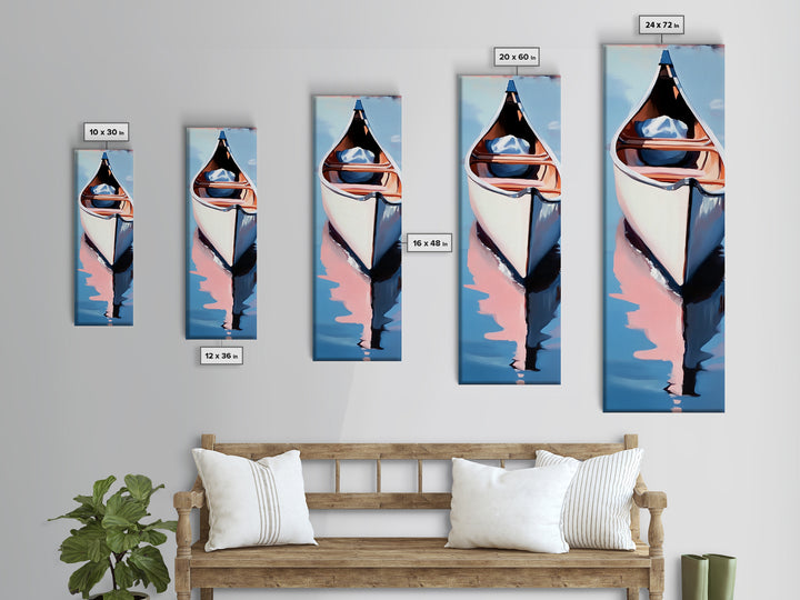 Canoe on Water, peaceful lake scene, wilderness art, adventure painting, modern minimalism, nature lover’s decor, framed canvas print