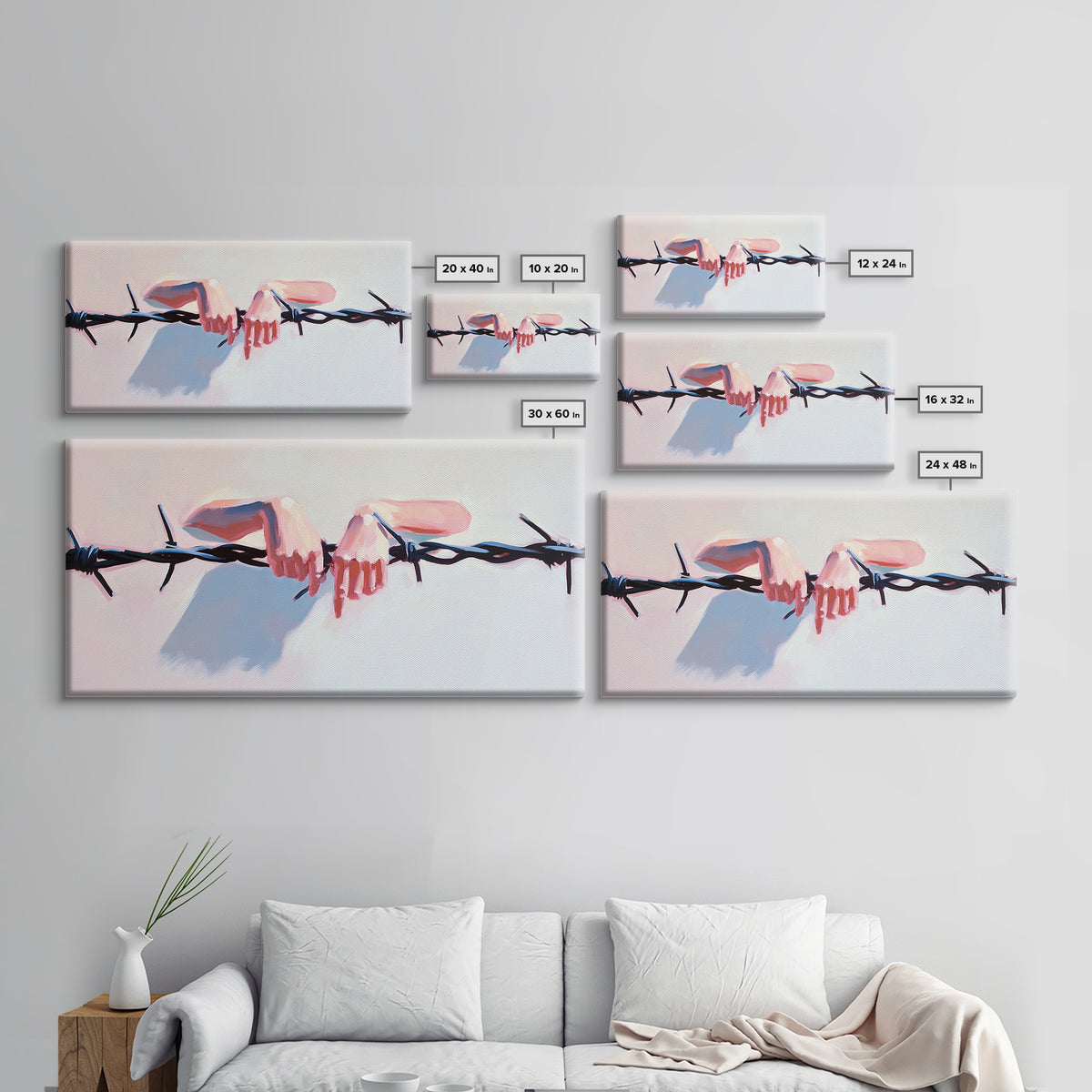 Hands on Barbed Wire, Surreal Art, Emotional Aesthetic, Modern Symbolism, Thought-Provoking Decor, Contemporary Wall Art, Canvas Print