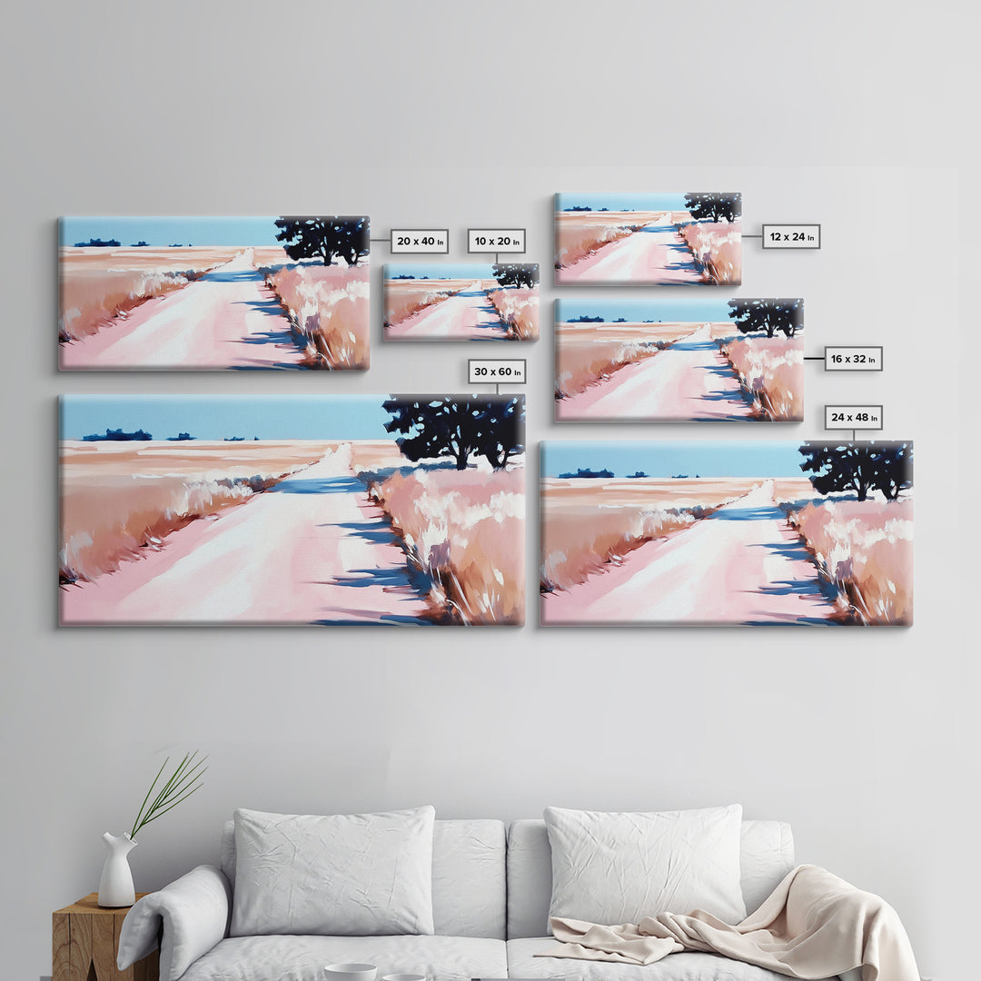 Countryside Path Art, Rustic Landscape Print, Minimalist Nature Painting, Warm Autumn Decor, Serene Scenic Artwork, Framed Canvas Print