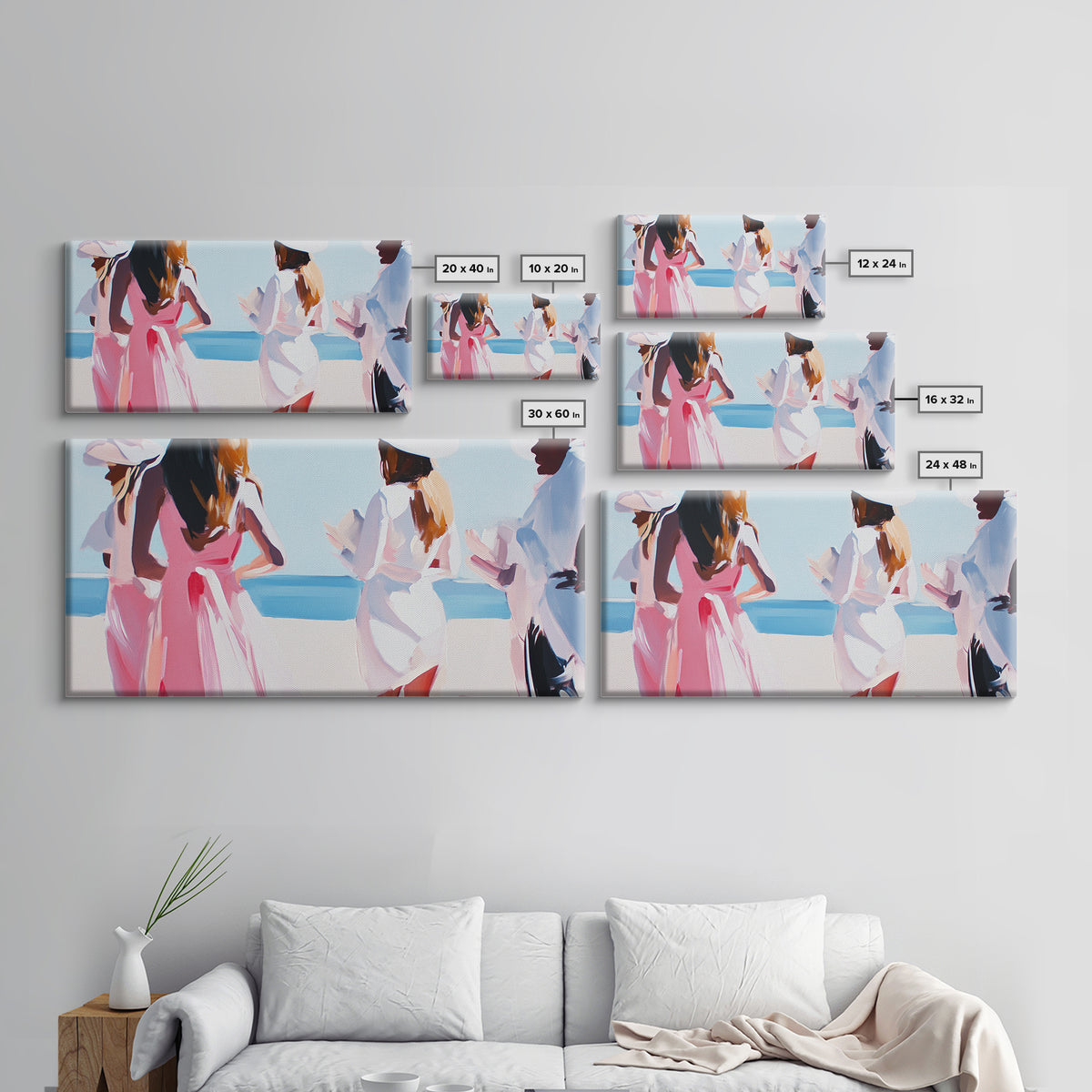 Beach Wedding Art, Elegant Women Painting, Soft Pastel Coastal Decor, Feminine Ocean Scene, Chic Minimalist Aesthetic, Canvas Print