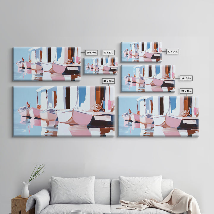 Docked Boats, Nautical Coastal Art, Mediterranean Harbor Scene, Framed Canvas Print, Beach House Wall Decor, Nautical Home Art