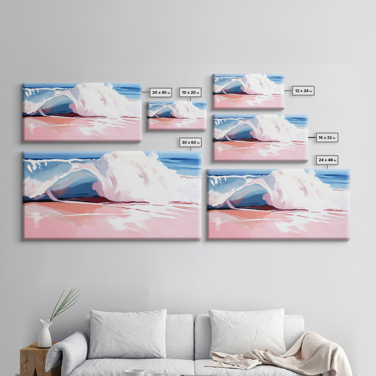 Ocean Wave, Soft Pink, Beach Scene, Canvas Print, Coastal Wall Art, Modern Home Decor, Nautical Aesthetic, Tranquil Bedroom Wall Art