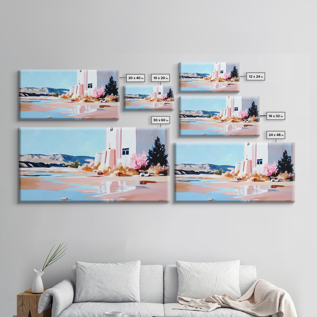 Desert Landscape, White House, Pink Trees, Canvas Print, Modern Southwest Art, Living Room Wall Art, Warm Earthy Tones, Minimalist Nature