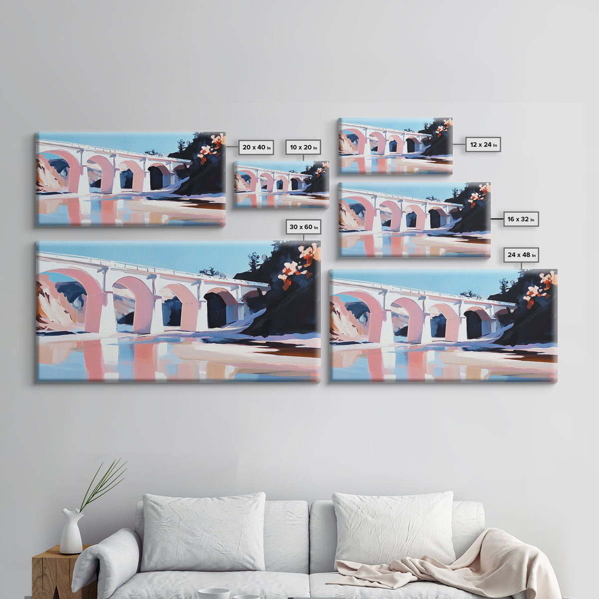 Bridge Reflection, Scenic River, Pastel Landscape, Canvas Print, Architecture Art, Living Room Wall Art, Minimalist Water Scene, Travel Art