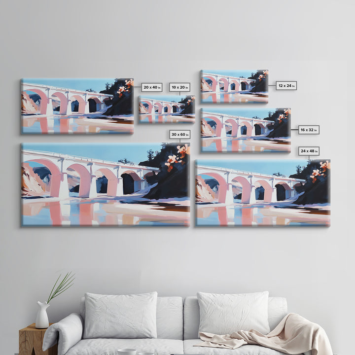 Bridge Reflection, Scenic River, Pastel Landscape, Canvas Print, Architecture Art, Living Room Wall Art, Minimalist Water Scene, Travel Art