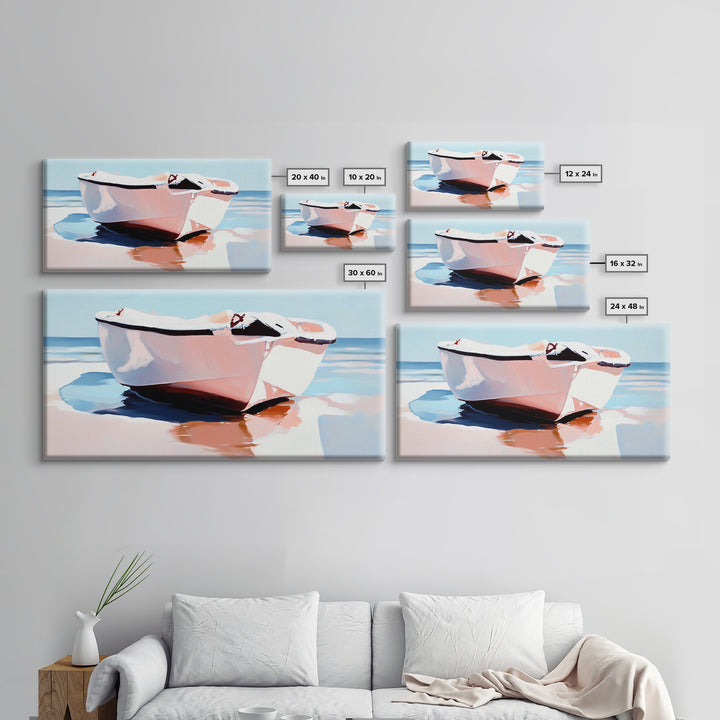 Beach Boat, Ocean Reflection, Coastal Calm, Canvas Print, Minimalist Nautical Art, Summer Home Decor, Living Room Wall Art, Tranquil Vibes