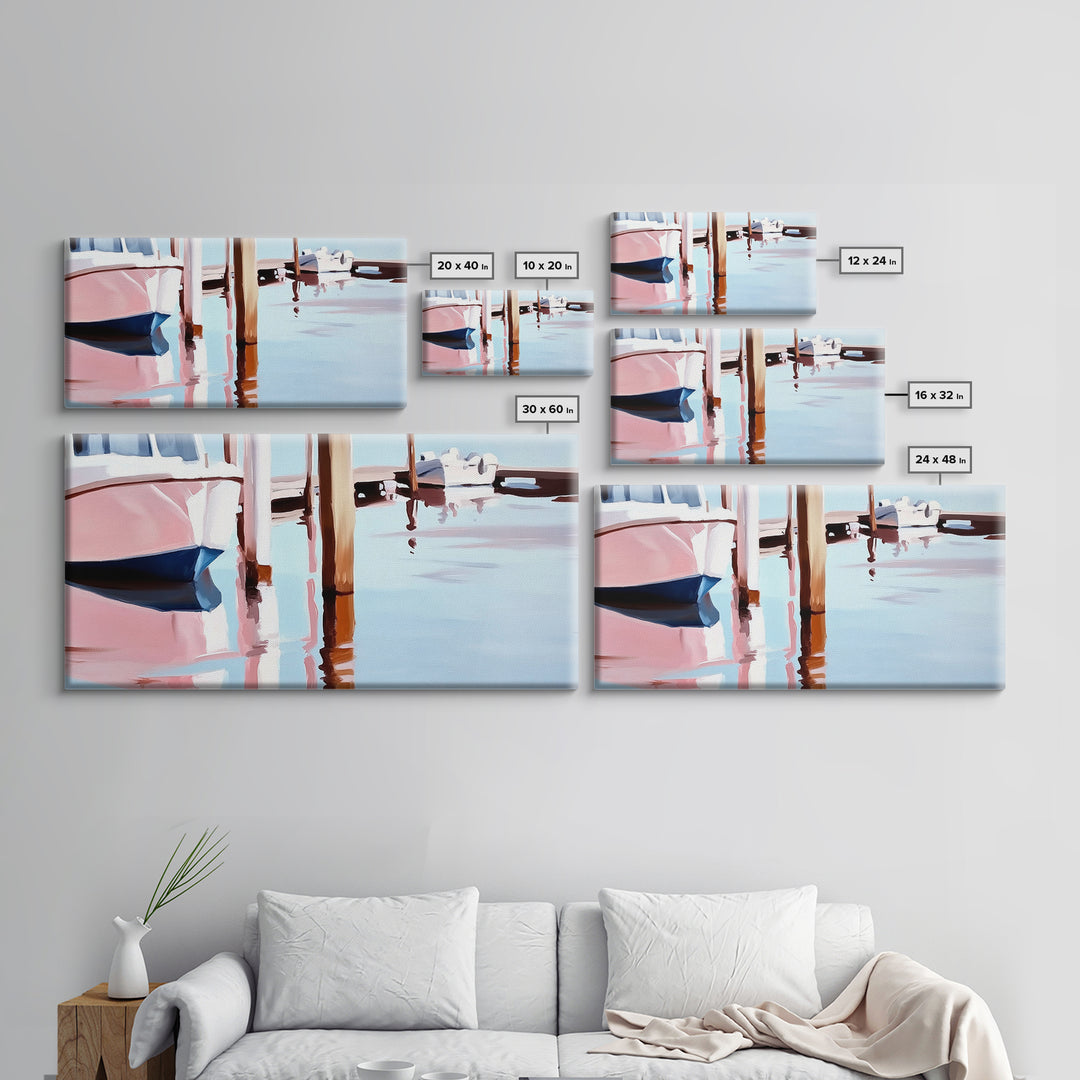 Docked Boats, Waterfront Scene, Canvas Print, Nautical Home Decor, Living Room Wall Art, Soft Pastel Aesthetic, Minimalist Seaside