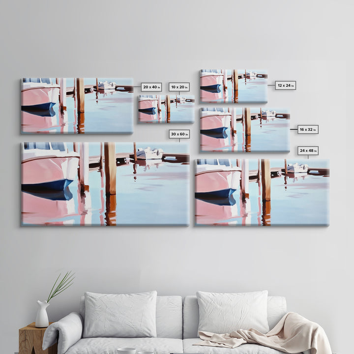 Docked Boats, Waterfront Scene, Canvas Print, Nautical Home Decor, Living Room Wall Art, Soft Pastel Aesthetic, Minimalist Seaside