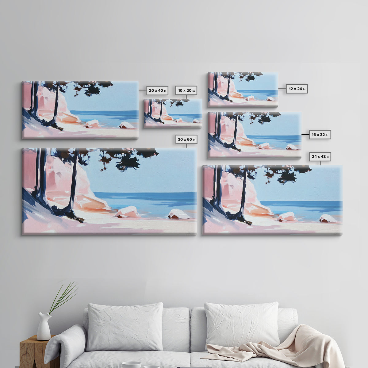 Beach Cliffs, Ocean Landscape, Coastal Art, Modern Wall Decor, Living Room Art, Framed Canvas Print, Minimalist Seascape, Pastel Artwork