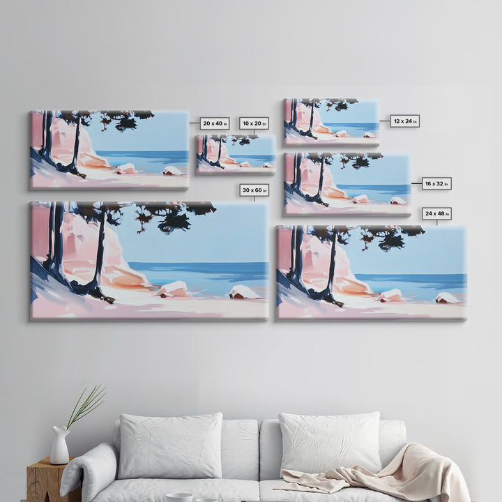 Beach Cliffs, Ocean Landscape, Coastal Art, Modern Wall Decor, Living Room Art, Framed Canvas Print, Minimalist Seascape, Pastel Artwork