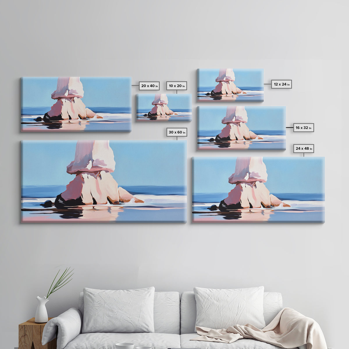 Ocean Rock, Coastal Seascape, Beach Art, Canvas Print, Nature Wall Decor, Blue and Pink Landscape, Living Room Painting, Modern Art