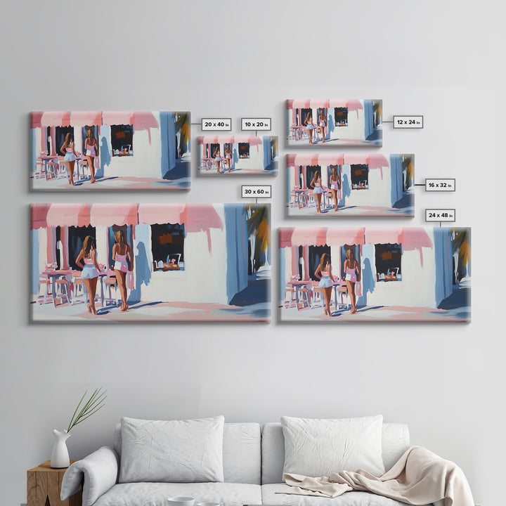 Café Scene, Pink Aesthetic, Coastal Lifestyle, Boho Summer Art, Chic Minimalist Decor, Home Wall Art, Living Room Art, Framed Canvas Print