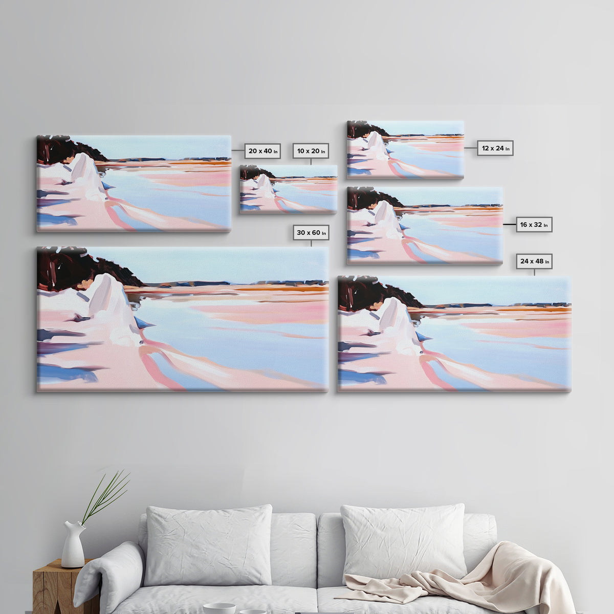 Cliffs Water, Reflection, Canvas Print, Coastal nature art, contemporary seascape painting, shoreline view, pastel scenery, ocean decor