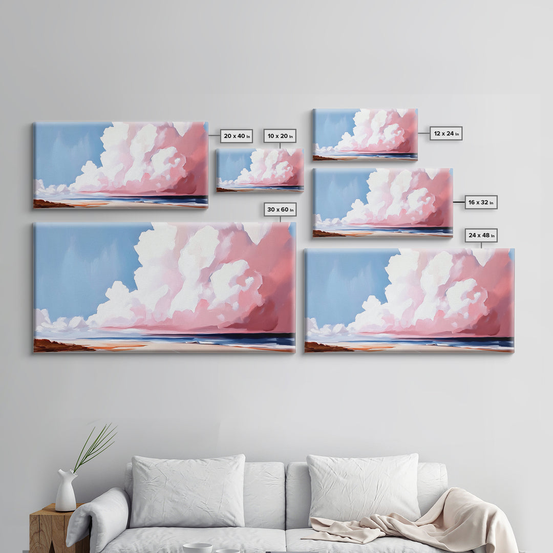 Cloudscape, Dreamy Sky, Coastal Horizon, Framed Canvas Print, Minimalist Art, Blue and Pink Decor, Bedroom Wall Art, Sky Lover Gift