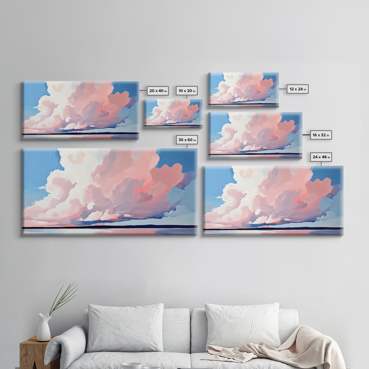 Sunset Glow, Cloud Reflections, Pastel Sky, Framed Canvas Print, Beach House Decor, Aesthetic Landscape, Contemporary Art, Serene Home Accent