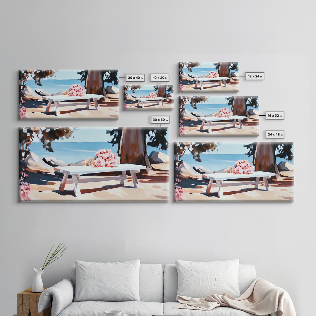 Beach Picnic, Seaside Dining, Summer Wall Art, Framed Canvas Print, Coastal Decor, Relaxing Atmosphere, Kitchen Art, Nautical Aesthetic