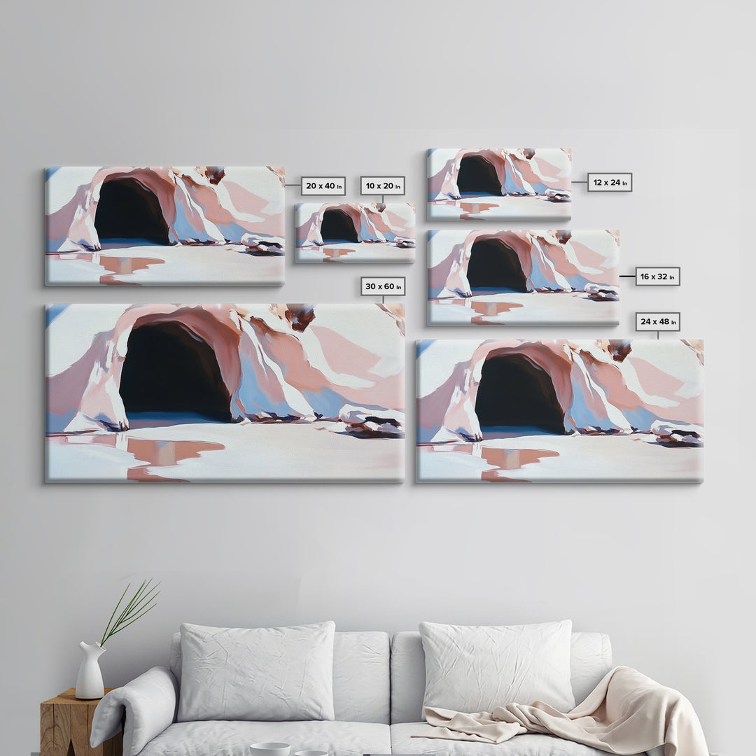 Cave Entrance, Surreal Landscape Art, Abstract Coastal Print, Pink Beige Tones, Nature Inspired, Boho Wall Decor, Framed Canvas Print