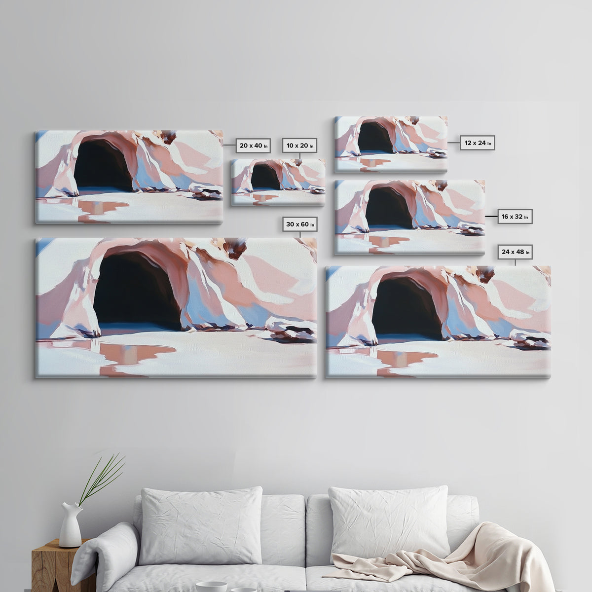Cave Entrance, Surreal Landscape Art, Abstract Coastal Print, Pink Beige Tones, Nature Inspired, Boho Wall Decor, Framed Canvas Print