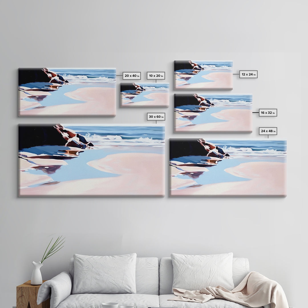 Ocean Shore, Tranquil Seascape Art, Pink Blue Horizon, Serene Beach Wall Decor, Relaxing Coastal Aesthetic, Canvas Print