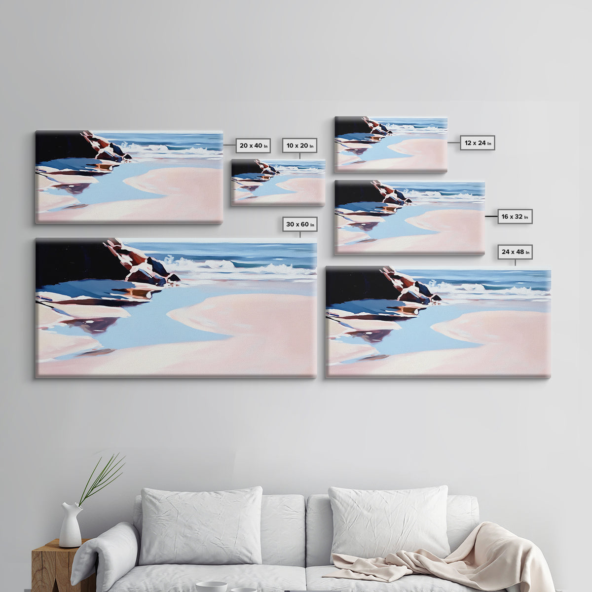 Ocean Shore, Tranquil Seascape Art, Pink Blue Horizon, Serene Beach Wall Decor, Relaxing Coastal Aesthetic, Canvas Print