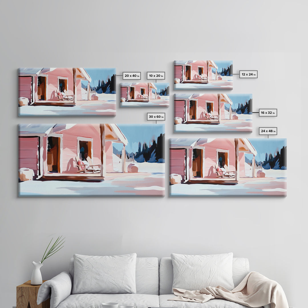 Pink Cabin, Winter Landscape Art, Cozy Home Decor, Framed Canvas Print, Rustic House Painting, Christmas Wall Art, Snowy Scene