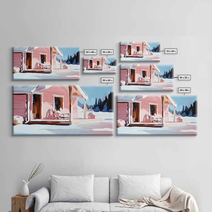 Pink Cabin, Winter Landscape Art, Cozy Home Decor, Framed Canvas Print, Rustic House Painting, Christmas Wall Art, Snowy Scene