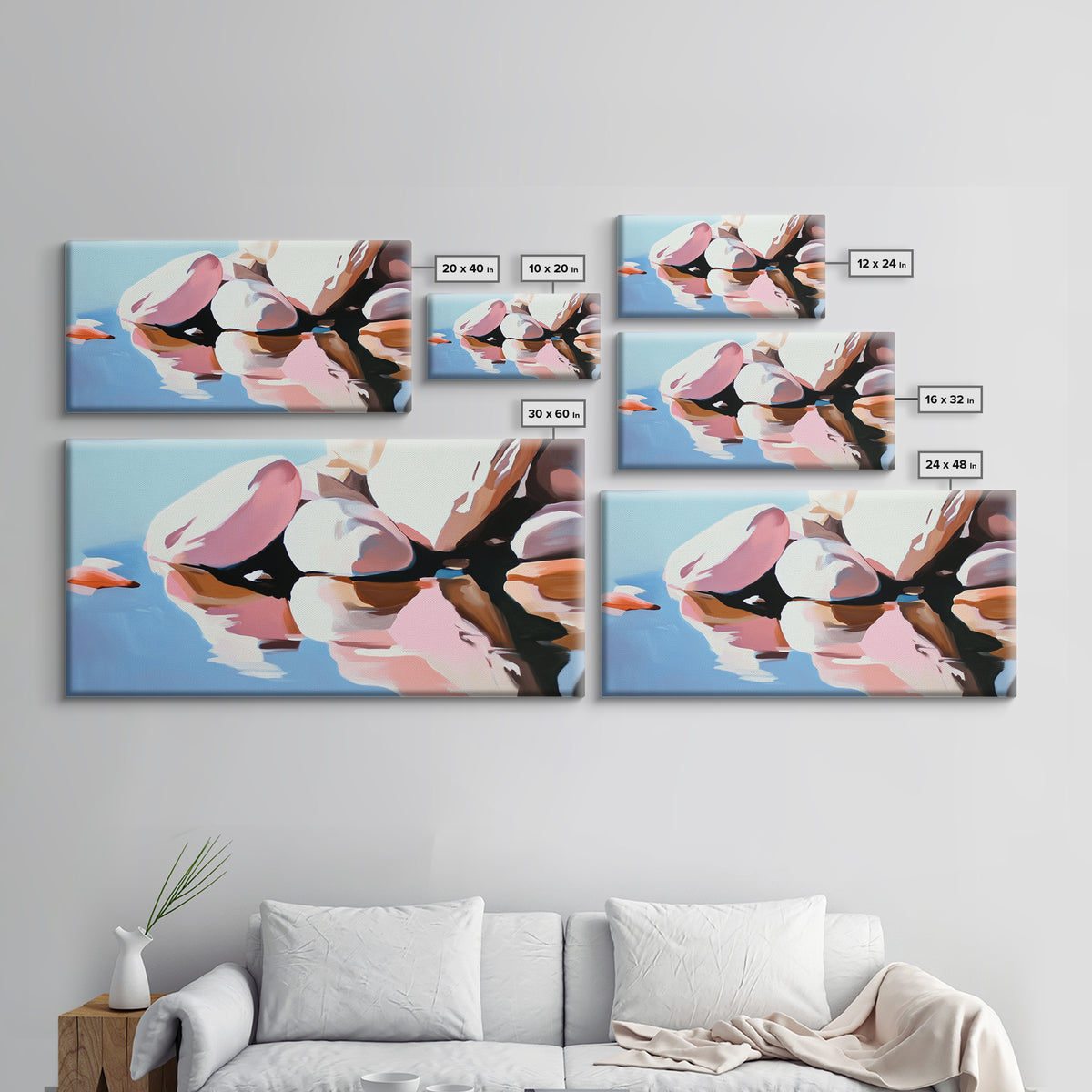 River Rocks, Reflections, Framed Canvas Print, Minimalist Nature Art, Abstract Water Scene, Earthy Wall Art, Modern Decor, Living Room