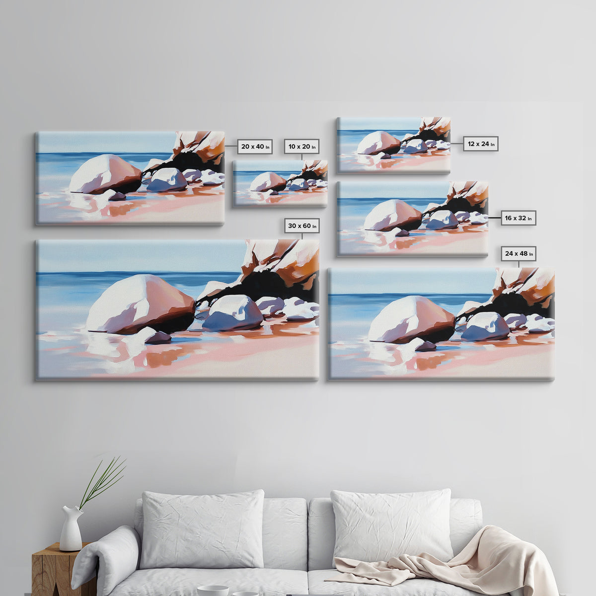 Ocean Stones, Beach Scene, Framed Canvas Print, Coastal Wall Art, Pastel Seascape, Nautical Decor, Serene Artwork, Bedroom Wall Art