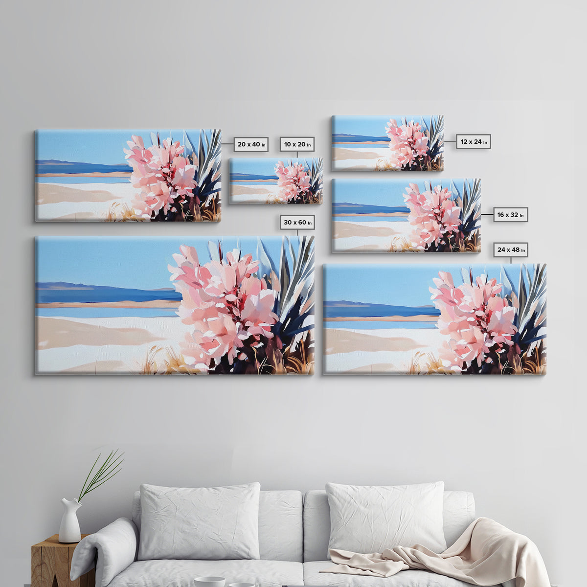 Desert Bloom, Southwest Landscape, Cactus and Flowers, Warm Toned Artwork, Boho Living Room Art, Pink and Blue Painting, Canvas Print
