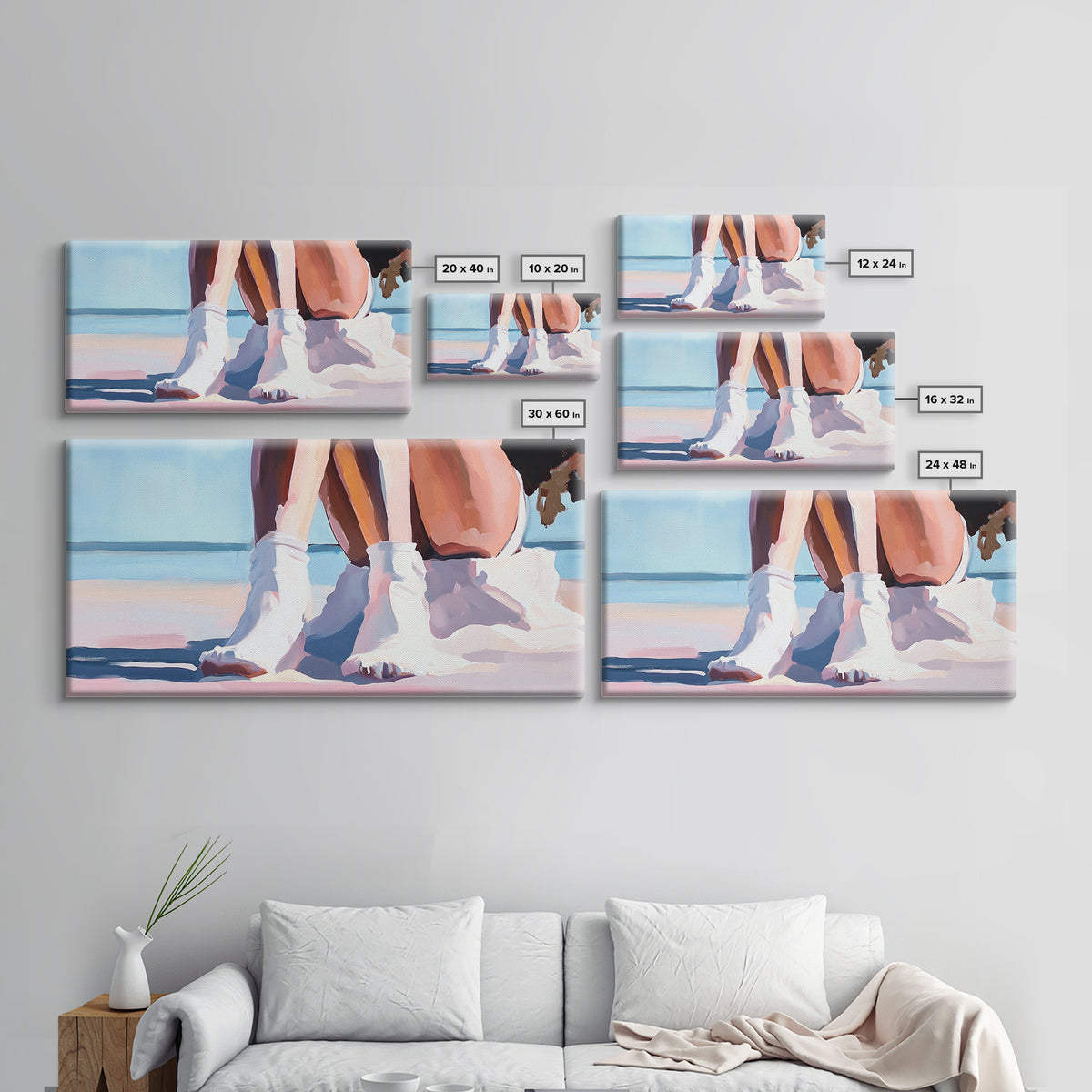 Beach Sitting, Relaxing Moment, Coastal Escape, Soft Pastels, Framed Canvas Print, Boho Art, Bedroom Wall Decor, Modern Minimalist Art