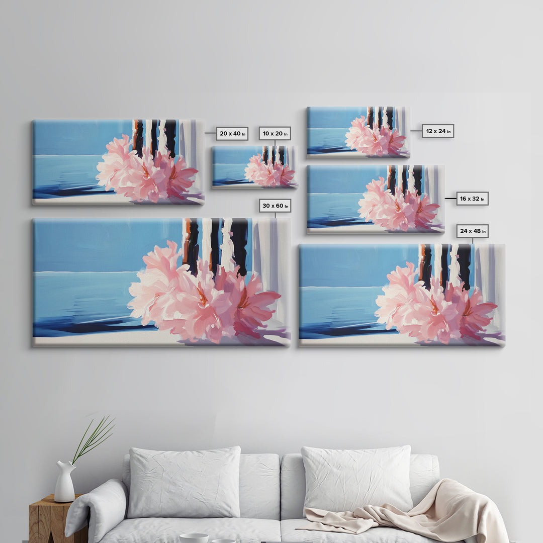 Ocean View, Floral Arrangement, Pastel, Canvas Print, Coastal Wall Art, Beach House Aesthetic, Modern Decor, Blue and Pink Theme