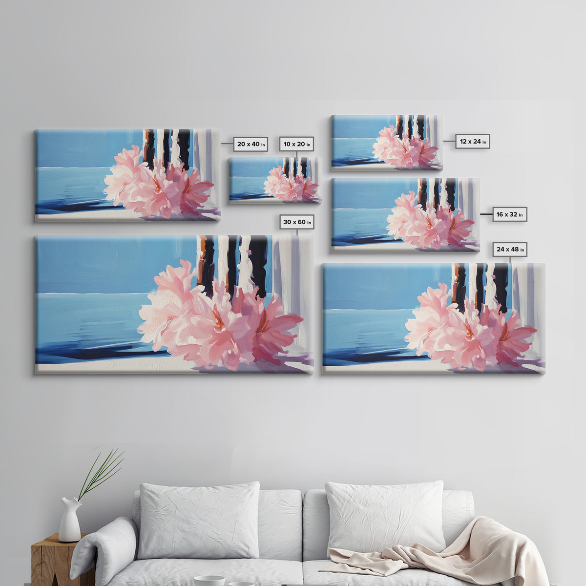 Ocean View, Floral Arrangement, Pastel, Canvas Print, Coastal Wall Art, Beach House Aesthetic, Modern Decor, Blue and Pink Theme