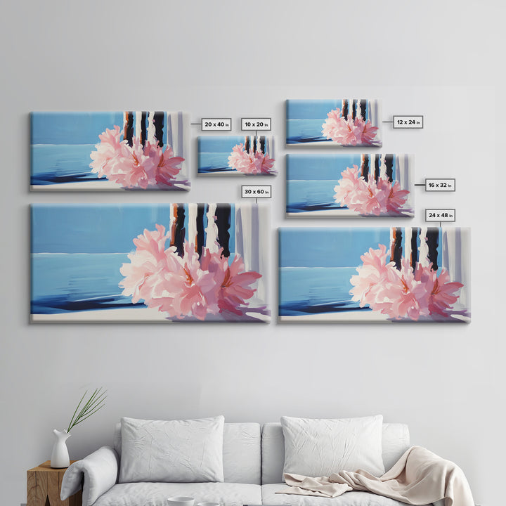 Ocean View, Floral Arrangement, Pastel, Canvas Print, Coastal Wall Art, Beach House Aesthetic, Modern Decor, Blue and Pink Theme
