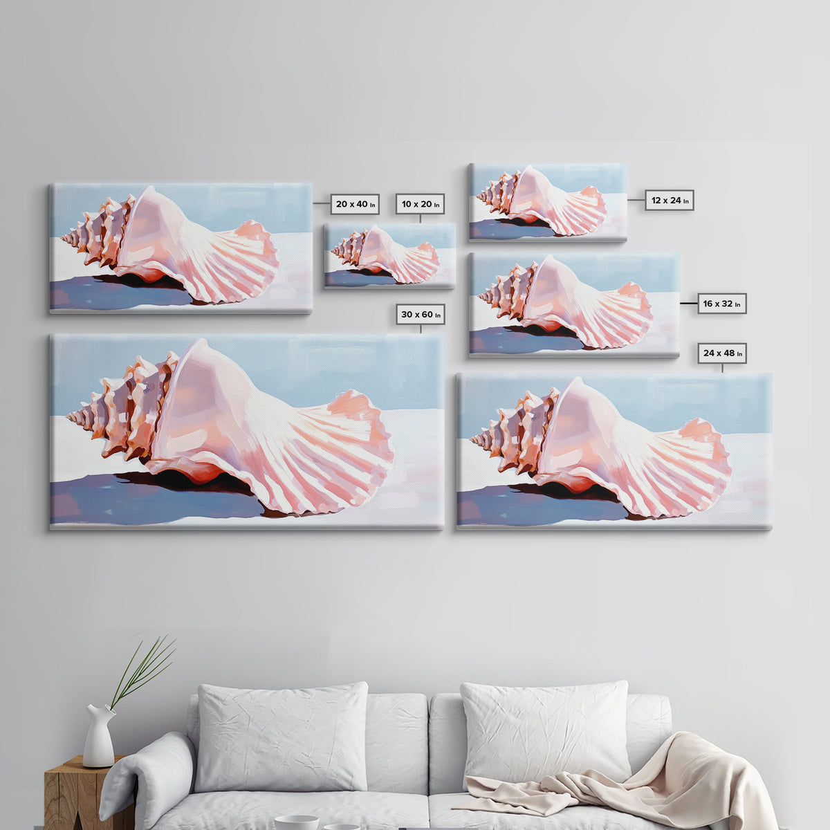 Conch Shell, Beach, Pastel, Framed Canvas Print, Coastal Wall Art, Tropical Decor, Seashell Aesthetic, Living Room Accent Piece