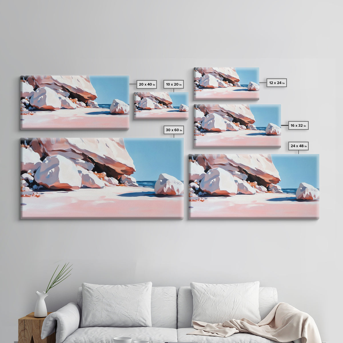 Rocky Beach Scene, Coastal Landscape, Modern Nature Art, Relaxing Seaside View, Framed Canvas Print, Ocean Wall Decor