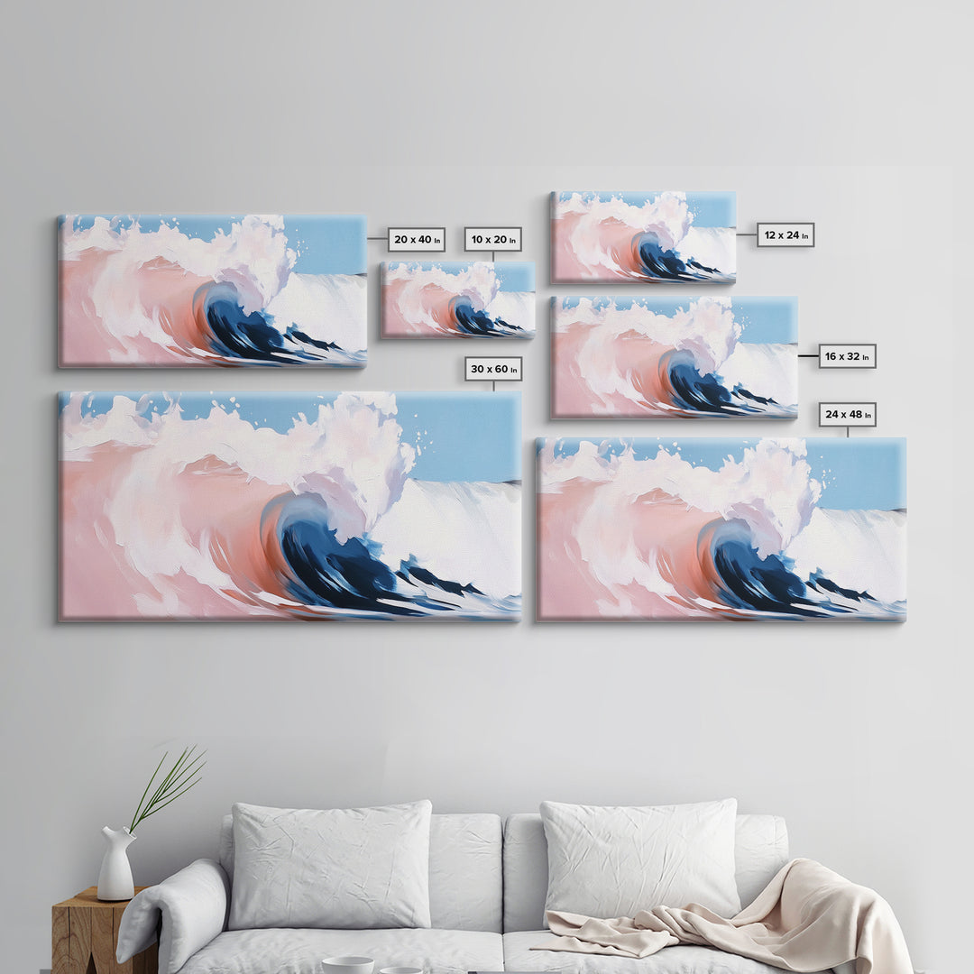 Ocean Wave, Abstract Beach Painting, Dynamic Wall Art, Coastal Decor, Surfer Aesthetic, Blue and White Framed Canvas Print
